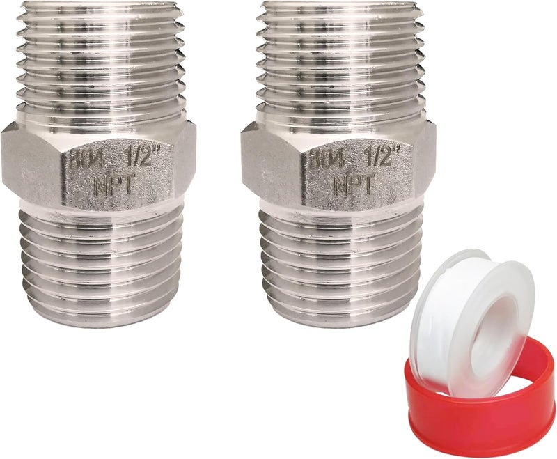 POTONZ 1/2" Male x 1/2" Male NPT Threaded Hex Nipple Pipe Fittings 304 Stainless Steel Pipe Adapter Fittings Equal Nipples Connectors With Teflon Plumbers Tape (Pack of 2) - Image 1